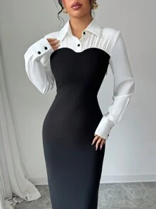 Siren Gaze Women's Elegant And Romantic, 2 In 1 Black And White Color Matching Dress, Long-Sleeved Midi Dress, Perfect For Commuting,Midi Casual Black And White Dress, Simple & Fashionable, Fitted For Everyday Wear, Winter Party