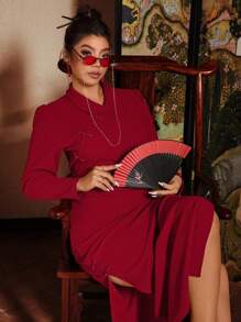 SHEIN VCAY Robe à manches longues pour femmes de grande taille avec col, couleur unie élégante - Rouge - Voir 6