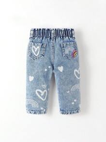 Baby Girls Elastic Waist Ruffle Heart & Star Embroidered Loose Comfortable Washed Light Blue Denim Tapered Pants - Light Wash - View 5