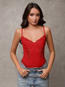 SHEIN BAE Eyelash Lace Panel Bustier Cami Bodysuit