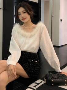 DAZY 女士休闲羽毛纯色长袖衬衫，秋装 - 白色 - 查看 1