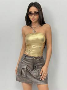 SHEIN EZwear Parte superior strapless plisada con efecto metálico para mujer
