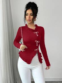 Elenzga Women's Bow Decor Frill Trim Long Sleeve Casual T-Shirt - Red - View 4