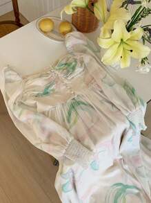 DAZY Váy dài chữ A cổ vuông in hoa cho nữ, xếp nếp - Nhiều màu - Xem 4