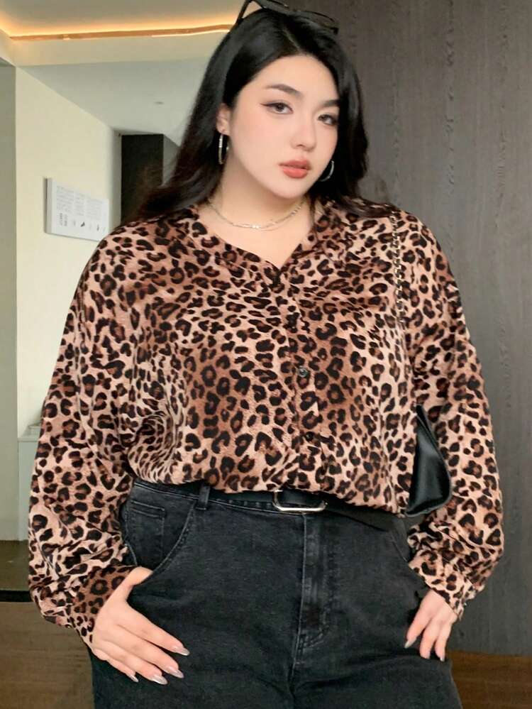 Dazy Plus V-Neck Leopard Print Loose Long Sleeve Shirt, Spring/Summer/Autumn