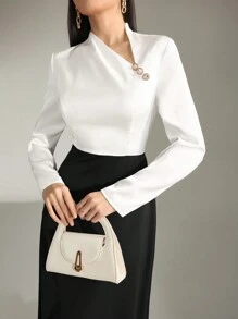 Modelyn Đầm dạ hội dài thiết kế nút cổ áo bất đối xứng cho nữ - Đen và trắng - Xem 4