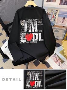 SHEIN Teen Boys Black Autumn Streetwear Graduation Back-To-School Long Sleeve T-Shirt,Academy Style Thermal Lined Cartoon Heart Print Cozy Versatile Top - Black - View 3