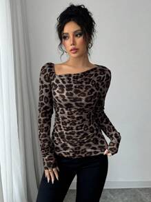 Selianne Áo thun nữ dệt kim Marl họa tiết da báo dài tay, vai chéo ôm sát thanh lịch, nhiều màu - Nhiều màu - Xem 5