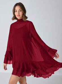 Enchnt Women's Solid Stand Collar Long Sleeve Simple Casual Short Dress