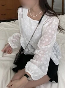 DAZY Blusa blanca de manga larga con cuello cuadrado holgada y estampado jacquard de unicolor para mujer, primavera/verano