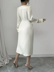 Elenzga Vestido feminino com decote drapeado e bainha cruzada - Champagne - Ver 2