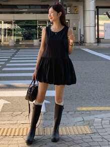 DAZY 女式纯色休闲圆领无袖短款泡泡袖连衣裙，春夏，迷你连衣裙 - 黑色 - 查看 7