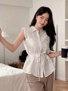 DAZY Top casual en lin sans manches avec poche et boutons devant de couleur unie pour femme - Beige - Voir 3
