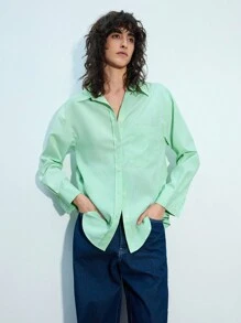 Maija Áo sơ mi dài tay trễ vai, dáng rộng thoải mái, họa tiết sọc xanh bạc hà dành cho nữ, phong cách thành thị hiện đại, phù hợp cho mọi mùa, - màu xanh lá - Xem 4