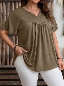 EMERY ROSE Plus Size Solid Color V-Neck Short Sleeve Ruched Casual T-Shirt - Brown - View 5