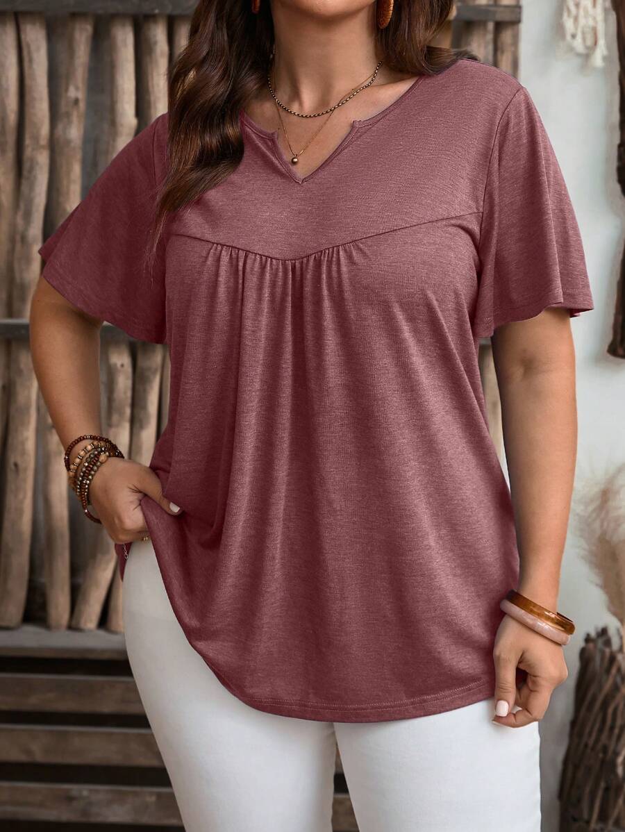 EMERY ROSE 大码女式纯色 V 领短袖休闲 T 恤 - 玫瑰紅 - 查看 1