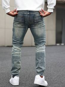 Manfinity Homme 男士休闲简约多口袋设计牛仔裤蓝色修身仿旧深色洗水牛仔裤，适合丈夫、男朋友的礼物 - 藍色 - 查看 2