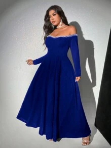Viva Relle Vestido elegante de manga larga con hombros descubiertos, bajo con abertura y decoración de perlas para mujeres de talla grande - azul real - Ver 5
