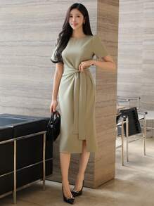 DAZY Women's Summer Solid Color Tie Neck Midi Dress Sundress - Green - View 4