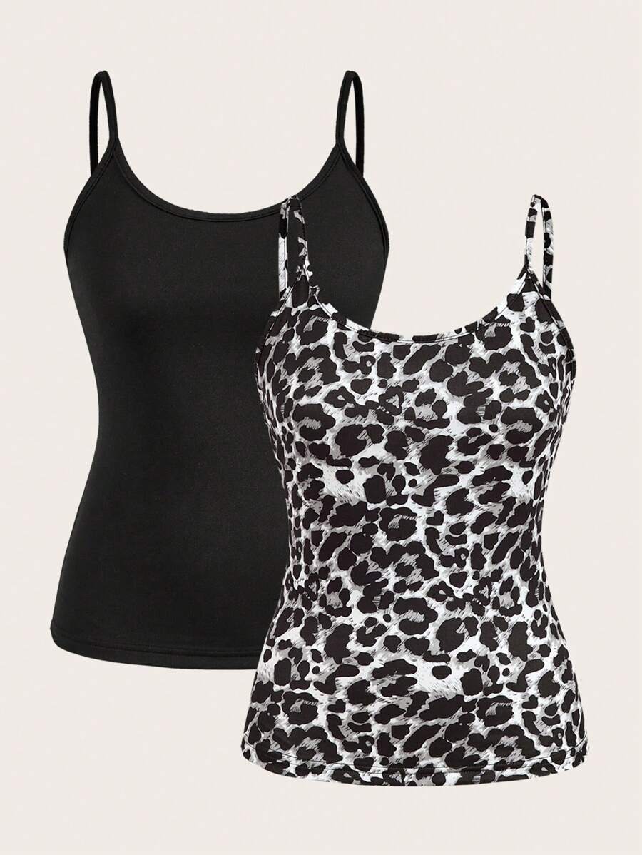 SHEIN EZwear 2pcs Women Leopard Print Black & White Casual Fitted Camisole Tops Back To School - Multicolor - View 1