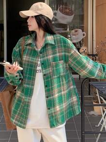 DAZY 女式前扣长袖格子休闲上衣，带口袋，适合日常穿着、秋季服装、法兰绒女装 - 綠色 - 查看 3