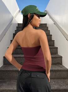 SHEIN EZwear Burgundy Knit Tight Bandeau Tube Top, Simple & Fashionable For Casual Daily Wear - Burgundy - View 2