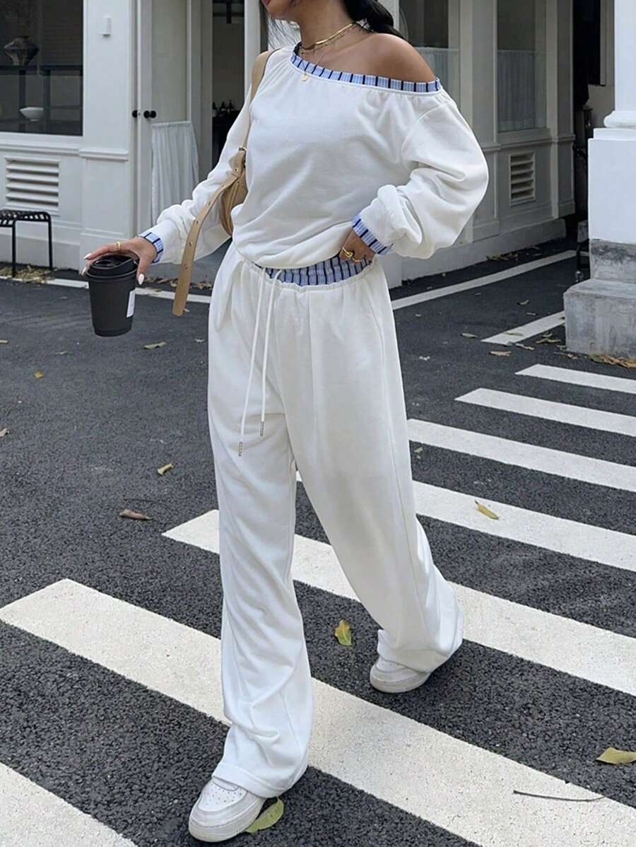 StreetHx 2 件套女士时尚斜肩条纹运动衫和休闲抽绳裤，运动套装 - 白色 - 查看 1