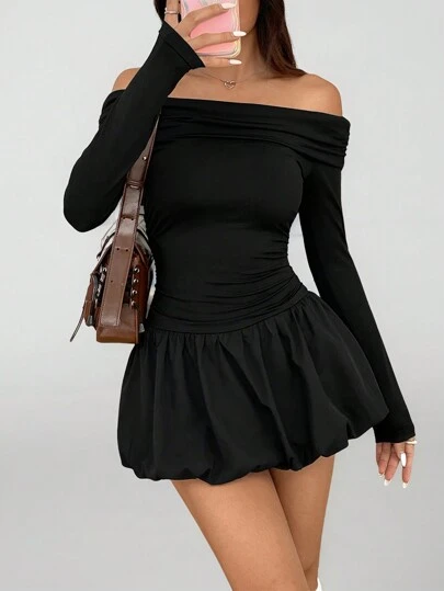 SHEIN PETITE Women's Solid One-Shoulder Long Sleeve Ruffle Hem Mini Dress For Spring & Autumn