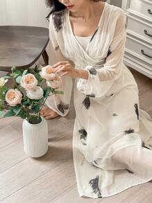 DAZY 传统中式优雅V领长款连衣裙，水墨印花，女士长款连衣裙 - 米色 - 查看 1