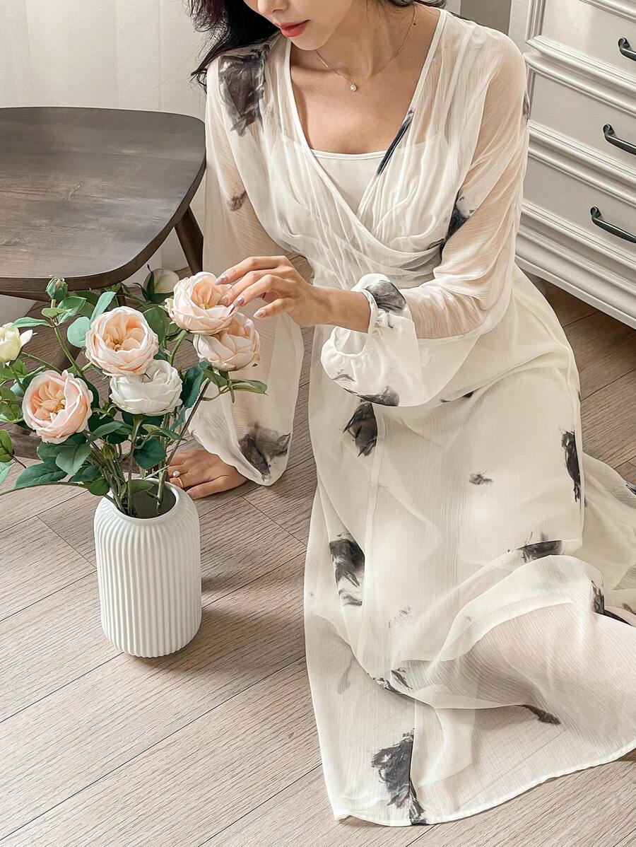 DAZY 传统中式优雅V领长款连衣裙，水墨印花，女士长款连衣裙 - 米色 - 查看 1