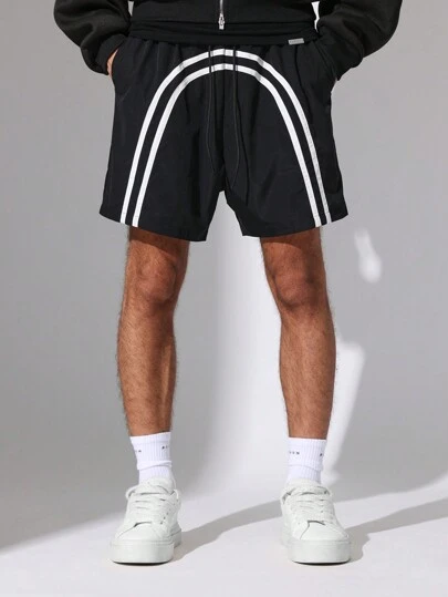 SUMWON 尼龙运动短裤，双侧条纹，轻质抽绳短裤，带侧袋，休闲街头裤装