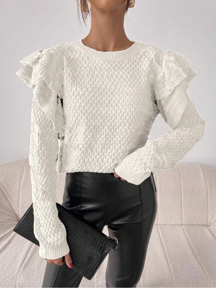 Chiquease Solid Color Pullover Sweater, Long Sleeve, Casual & Simple Style For Daily Wear Knit Pullover Fall Winter Sweater - Beige - View 1