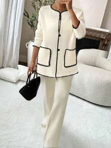 SHEIN Clasi New European Style Blogger Same Design Sense Colorblock Vintage Double Pockets Casual Crew Neck Knit Jacket