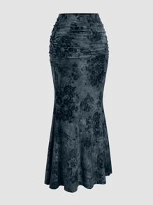 Sweetra 女式复古植绒印花鱼尾裙，秋冬 - 霧霾藍 - 查看 3