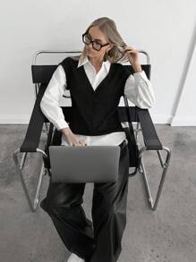 SHEIN Essnce Blusa 2 en 1 con mangas linterna de hombros caídos, blusas de manga larga - Blanco y Negro - Ver 6