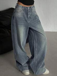 DAZY Women Front Button Pocket Simple Casual Straight Leg Jeans,Baggy Jeans - Medium Wash - View 1