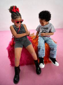 Young Girl Casual Crew Neck Sleeveless Top And Shorts Set - Grey - View 5