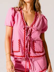 Aralina Stripe Pink With Red Trim Puff-Sleeve Tie Front Short Sleeve Blouse - Pink - View 4