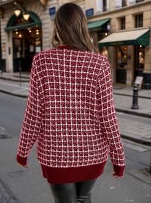 SHEIN Clasi 大码女式格子长袖单排扣长款休闲开衫，秋冬 - 酒紅色 - 查看 2