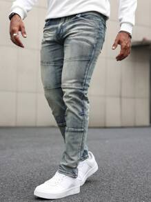 Manfinity Homme 男士休闲简约多口袋设计牛仔裤蓝色修身仿旧深色洗水牛仔裤，适合丈夫、男朋友的礼物 - 藍色 - 查看 3