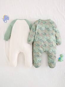 Cozy Pixies 新生男婴 2 件套卡通恐龙印花柔软针织连脚连体衣套装 - 彩色 - 查看 2