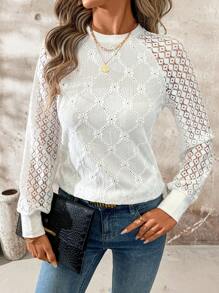 SHEIN Clasi 女士镂空拼接长袖圆领简约休闲上衣 - 白色 - 查看 3