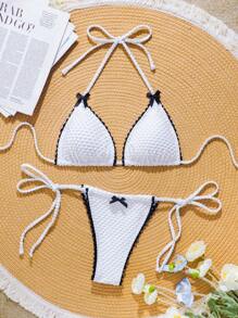 Completo bikini casual e semplice da ragazza con fiocco e pizzo, adatto per vacanze al mare e stile Y2K, per primavera/estate - Bianco e nero - Visualizzare 1
