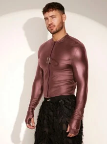 FeverCity 男士纯色前拉链长袖休闲夹克和外套，适合秋冬 - 紅色 - 查看 7