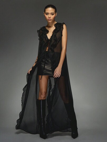 MISSGUIDED PLUS Sheer Ruffle Long Vest Chiffon Duster Cardigan Sleeveless Maxi Cover Up Elegant Evening Party Festival Summer Beach Layer