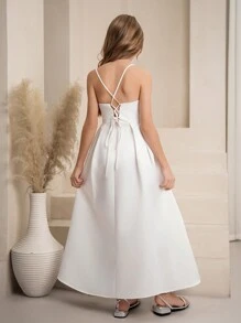 少女白色缎面编织吊带露背电脑串珠连衣裙，系带拉链高腰修身四季连衣裙，优雅返校礼服，公主裙，仙女裙 - 白色 - 查看 2