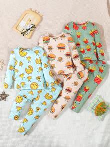 SHEIN 6pcs/Set Baby Boy Cute Cartoon Food All Over Print Comfy Snug Fit Long Sleeve Pajama Set - Multicolor - View 9