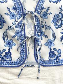 Soleia WYWF 女士 V 领系带喇叭袖热带图案印花背心，适合度假 - 藍白色 - 查看 5