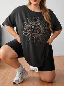 SHEIN CURVE+ Plus Size Women's Sun With Face Printed Round Neck T-Shirt For Summer - Dark Grey - View 7
