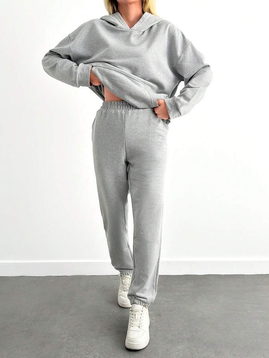 RueChic 100%Cotton Drop Shoulder Hoodie & Sweatpants - Light Grey - View 1